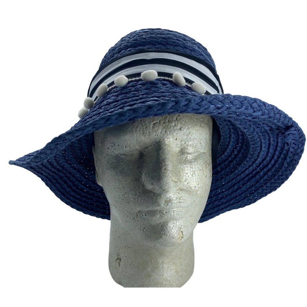 Women Navy Blue‎ Wide Brim Floppy Straw Hat Pom Pom Trim Striped Band Beach